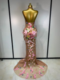 Luxury 3D Flower Sexy Halter Mesh See Through Maxi Long Dress Women Evening Party Birthday Photoshoot Club Stage Wear