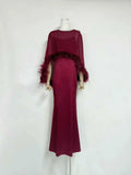 Formal Feather Cape Sleeve Maxi Dress for Women O Neck Spaghetti Strap Floor Length Long Evening Prom Cocktail Party Gown