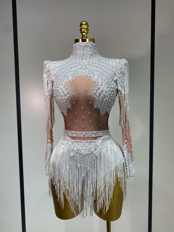 Women Long Sleeve Sexy Stretch Bodycon Shinning Tassels Rhinestones Bodysuit Celebrate Birthday Club Evening Party Stage Outfit