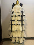 Hit Color Ruffles Cake Maxi Dress for Women Square Collar Off The Shoulder Spliced Bow Evening Temperament Dresses Female