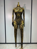 Women Sexy Black Rhinestone Stretch Bodycon Jumpsuit Club Evening Party Birthday Wear Singer Dancer Stage Perform Costume