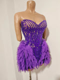 Sparkly Purple Diamonds Mesh Ruffled See Through Mini Dress Women Sexy Strapless Birthday Evening Party Nightclub Stage Costume