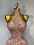 Women Sexy Backless Pink Diamond Mesh See Through Long Dress Evening Club Party Celebrity Elegant Stage Performance Costume