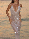 Sexy White Backless Sequin Summer Dress Women Maxi Slip Beach Birthday Dress Woman Elegant Party Evening Long Dresses Vestidos
