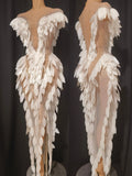 Elegant White Feather-Embellished Mermaid Gown Luxury Performance Costume Red Carpet Gala Singer Stage Formal Event Attire