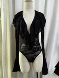 Sexy Club Burgundy Lace Plunge Bodysuit for Women Ruffled Design Long Flare Sleeves Slimming Bodysuits for Luxury Dinners