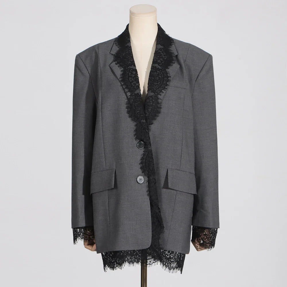 Chic Solid Spliced Lace Edge Blazers for Women Notched Collar Long Sleeve Temperament Designer Coats Female Clothes Style