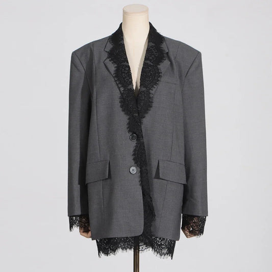 Chic Solid Spliced Lace Edge Blazers for Women Notched Collar Long Sleeve Temperament Designer Coats Female Clothes Style