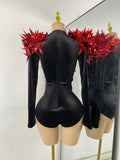 Women Sexy Sparkly Crystals 3D Sequined Stars Velvet Long Sleeve Bodysuit Nightclub Performance Dance Costume Singer Stage Wear