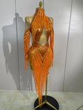 Women Sparkly Diamond Orange Tassel Latin Dance Outfits Long Sleeves Mesh Transparent Dress Bar Nightclub Party Club Stage Wear