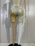 Women Eveing Birthday Party NightClub Dancer Stage Show Costumes Elegant White Pearl Long Sleeves Sexy Mesh See Through Jumpsuit