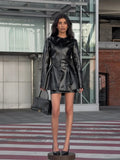 Women Black Waist Cinched Leather Jacket With Unique Stand Up Collar Pleated Trumpet Hem Coat Lady Autumn Street Outerwears 2026