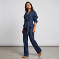 Women Dark Blue Denim Sets Vintage Lapel Belted Peplum Long Sleeve Cuff Top Wide Leg Pants Outfit 2026 Lady Autumn Chic Suits