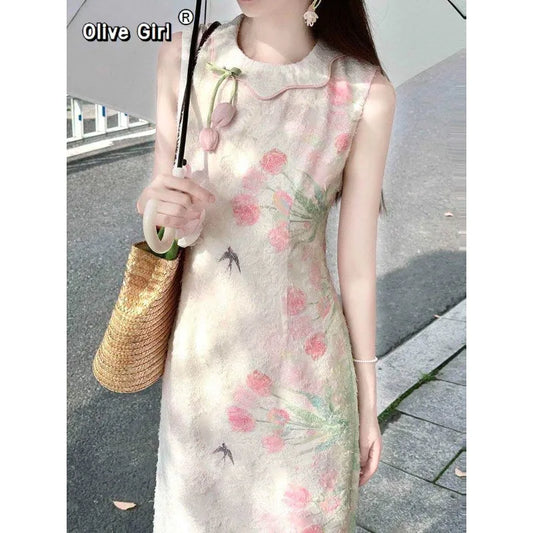 Olive Girl Romantic Qipao for Ren Faire 2026 Garden Wedding Fairycore Photoshoot Everyday Wear S-XXL XS-3XL Plus Size Romantic Cottagecore Garden Party Editorial Not Costume Qipao Cheongsam Chinese Dress Chinese Heritage Fashion Women