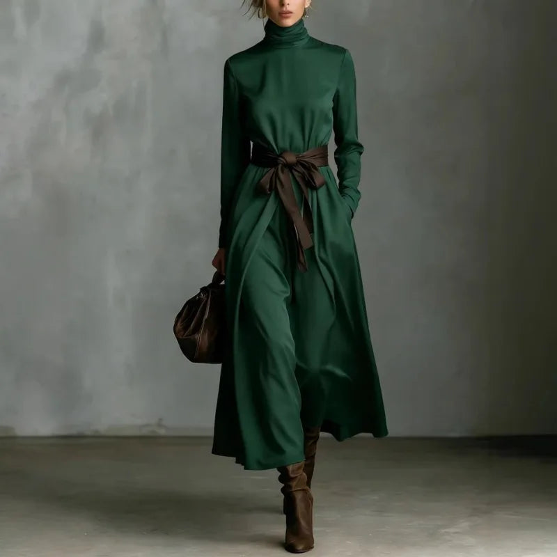 Autumn Elegant High Collar Solid Color Long Sleeved A-line Large Dresses Women Temperament Vacation Long Dress Chic Evening Gown
