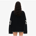 Women's Letter Printing Knit Sweater Fashion O-neck Distressed Hem Oversized Pullover Lady Autumn Casual Streetwear Tops