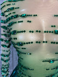 Sexy Green Rhinestone Mesh skirt HighNeck Long Sleeve Sheer Tassel Outfit Women Cocktail  Costume Stage Performance Show Party