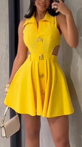 Women Stylish Short Skirts Metal Buckle Buttoned Formal Outwear Ladies Hollowed-out Lapel Shirt Party Evening A-Line Dress