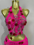 Sexy Evening Party Nightclub Performance Costume Women Birthday Mesh See-Through Pin Decoration Chain Short Dress Two-Piece Set