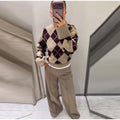 Argyle Jacquard Knit Pullover Women Khaki Crew Neck Drop Shoulder Flare Sleeve Sweater Autumn Winter Vintage Casual Fashion Top