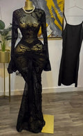 Fall Women Long Sleeve Stacked Mesh See Though with Lining Bodycon Long Dress Evening Birthday Sexy Party Dresses