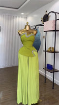 Women's Set Diamonds Hot Rhinestones Crop Top and Pleated Wide Leg Pants Suit  Two 2 Piece Sets Outfits Tracksuit