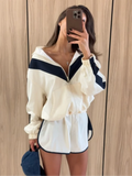 Color Block Zip Up Two Piece Set Women Long Sleeve Stand Collar Cropped Jacket High Waist Shorts 2026 Spring Summer Casual Suit
