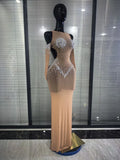 Women Sexy Off the Shoulder Mesh See Through Shining Rhinestone Bodycon Long Dress Gloves Celebrate Evening Party Cocktail Wear