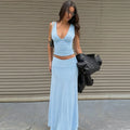 Chic Light Blue 2 Piece Outfit Women Deep V Neck Sleeveless Ruched Crop Top Low Waist Flowy Maxi Skirt Suit Party Matching Sets