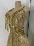 Sparkly Diamonds Sequins Fringes Luxury Jumpsuit Gold Sleeveless Mesh Performance Dance Costume Nightclub Singer Stage Rompers