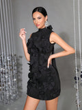 Spliced Appliques Elegant Dresses For Women Stand Collar Sleeveless High Waist Patchwork Zipper Mini Dress Female