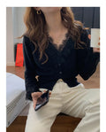 White Lace Knitted Cardigan for Women Elegant V Neck Button Sweater Cardigans Knitwears New Winter Autumn Clothing Black Jumpers