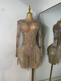 Sparkly Rhinestones Fringes Tight Bodysuit Women Sexy Mesh See Through Performance Stage Outfit Luxury Birthday Party Wear