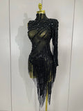 Sparkly Rhinestones Tassel Sexy See-Through Dress Women One Shoulder Latin Dance Outfits Bar Nightclub Party Stage Costume