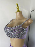 Sparkly Rhinestone Diamonds High Split Two Pieces Women Sexy Outfit Night Club Skirt Suits Dancer Singer Performance Costume