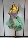 Women Sexy Strapless Backless Green Diamonds Mesh Dress Birthday Party Costume Bar Nightclub Singer Stage Performance Outfit