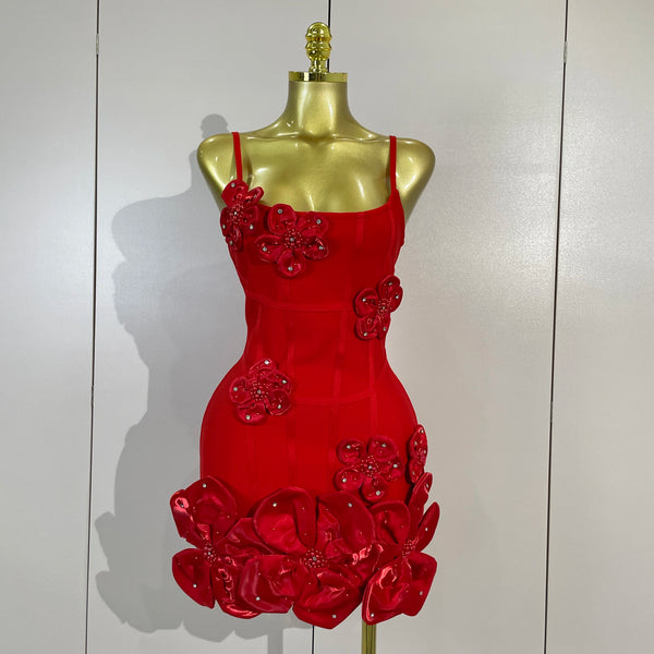 Elegant Chic 3D Beaded Flower Spaghetti Strap Short Bodycon Bandage Dress Luxury Party Prom Gown Birthday Wedding Guest Dresses
