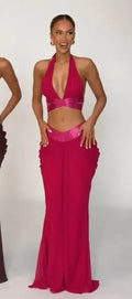 Women Metallic Trim 2 Piece Set Halter Deep V Cutout Crop Top High Waist Ruched Draped Mermaid Skirt Suit Lady Evening Outfit