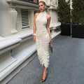 Halter Pleated Maxi Dress For Women Sleeveless Sexy Backless Dress High Street Evening Party Clothes Bodycon Fashion