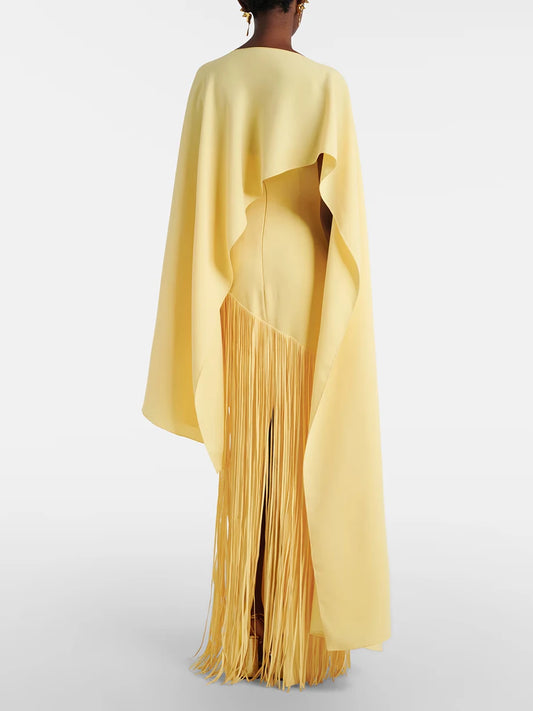 High End Elegant Yellow Cape Sleeveless Maxi Dress for Women Strapless Slimming Flowy Fringe Design for Special Occasions
