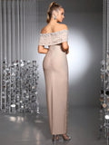 Women Sexy Off the Shoulder Pearl Bead Diamond Bodycon Long Bandage Dress Nightclub Party Evening Birthday Celebrate Wear