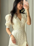 Elegant Floral Print Mini Dress Women Fashion V-neck Half Sleeve High Waist Ruffle Slim Dresses Summer Lady Vacation Robe 2026