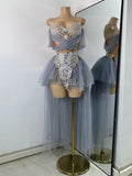 Sexy Top Skirt Mesh Designer Women's Outfit Two Pieces Backless Evening Party Birthday Dress Nightclub Stage Performance Costume