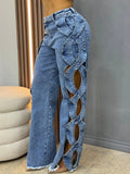 Women Streetwear Cutout Hollow Out Criss Cross Side Wide Leg  Blue Denim Pants  Fashion Sexy Party Jeans Trousers