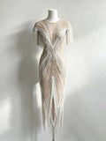 2026 New Crystal Tassel See Through Mesh Stretch Long Dress Sexy Banquet Dance Party Irregular Dress