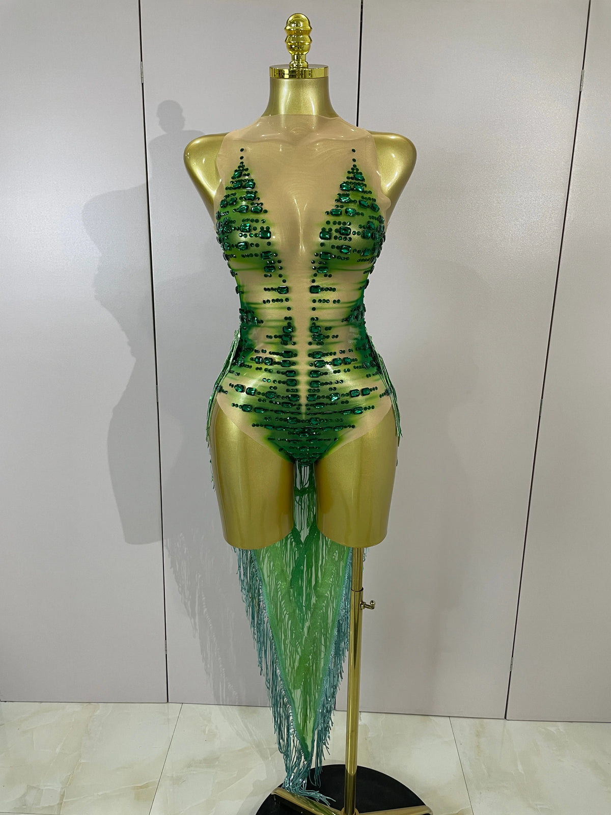 Women Sparkly Green Rhinestone Tassels Sexy Latin Dancer Mesh Bodysuit Eveing Party Birthday Nightclub Performance Stage Costume