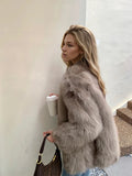 Beige Fluffy Faux Fur Jacket Women Long Sleeve Open Front Warm Cozy Coat Fall Winter Party Daily Streetwear Trendy Outerwear New