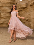 Sexy Shoulder Bared Formal Evening Gown with Asymmetrical Hem Tulle Ball Dress Glitter Birthday Party Christmas Dresses