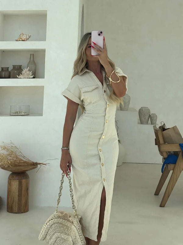 White Single Breasted Denim Dress Elegant Short Sleeve Lapel Bodycon Women's Dresses 2026 Summer Lady Chic Commute Street Robes