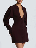 Modern Buttons Mini Women Dresses V Neck Long Sleeve Fitted Dress for Cocktail Party Date Wear Fashion Summer New